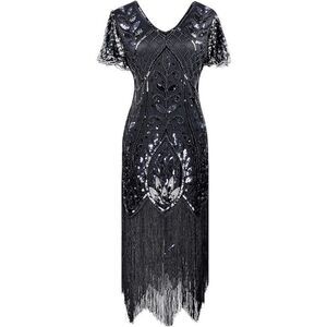 ✨ Flapper Great Gatsby 1920s Retro Tassel Fringe Sequin Midi Black Dress XL NEW
